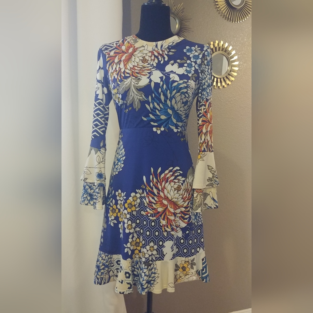 Hale Bob Blue A-Line Bell Sleeve Dress